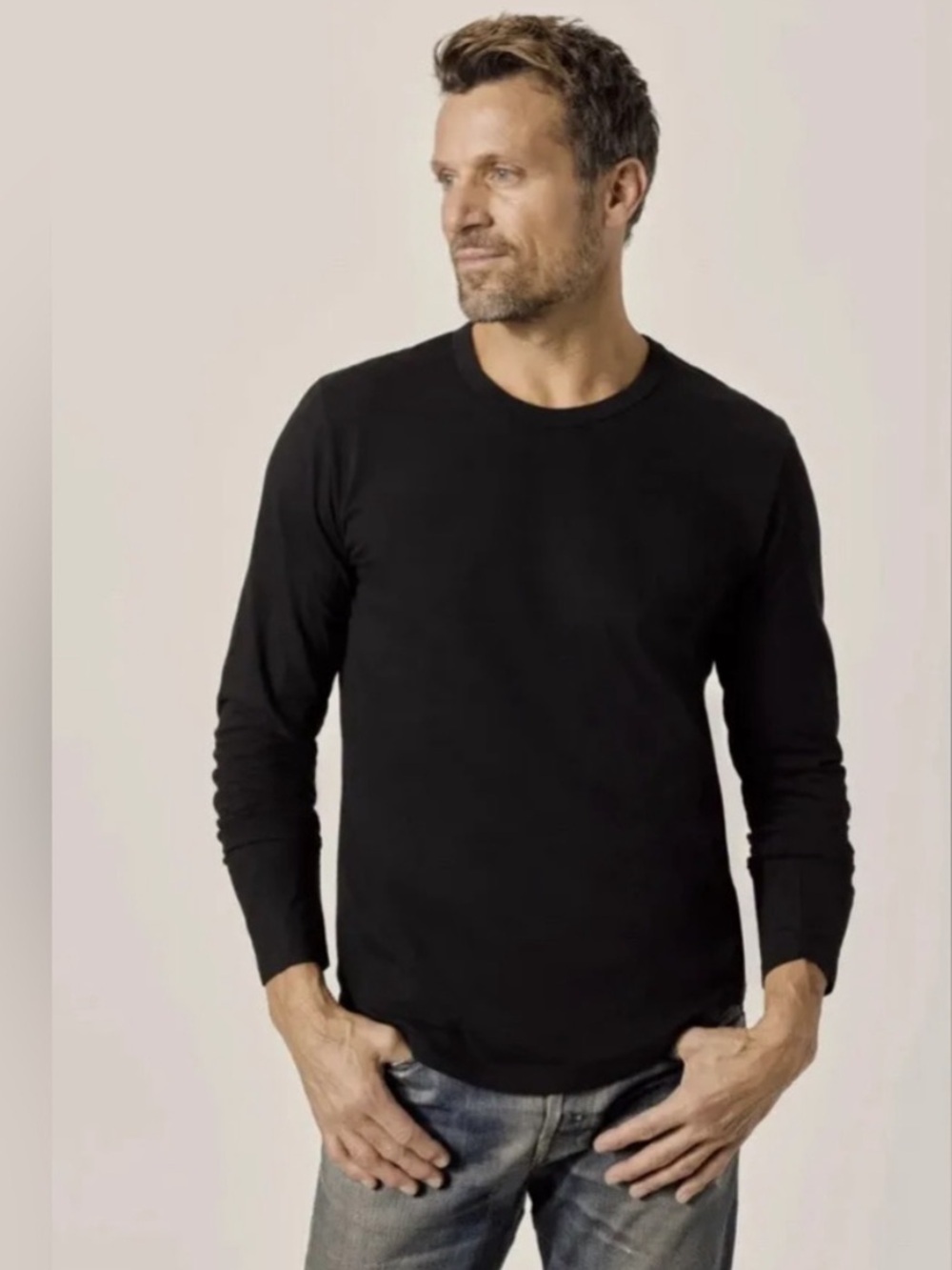 Buck Mason black slub cotton curved hem long sleeve tee shirt size SM new flaw